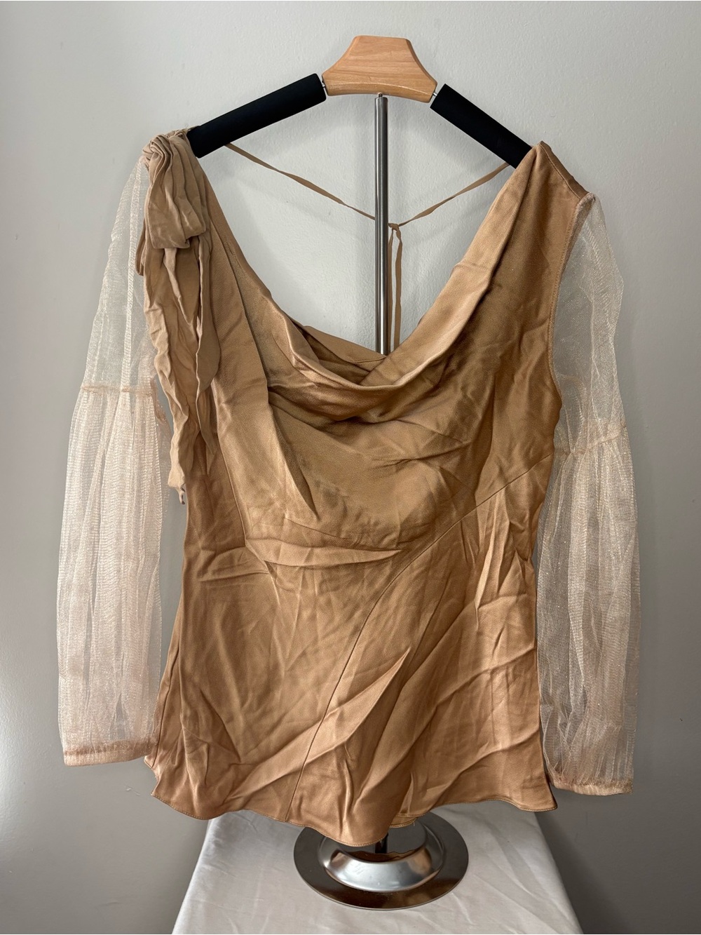 Roberto Cavalli Camel Cowl-Neck Blouse with Sheer Ivory Sleeves